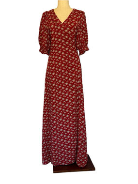 Natural Life Sophia Wrap Maxi Dress Sz Lg Red Floral Boho Cottagecore V-Neck